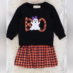 Marie Nicole Halloween Boo Ghost Black Long Sleeve Shirt and Orange Black Skirt